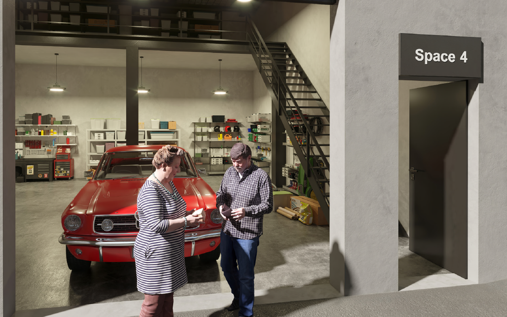 Indicative fit-out of an AlterSpaces Breakwater unit with mezzanine, shelving and car storage