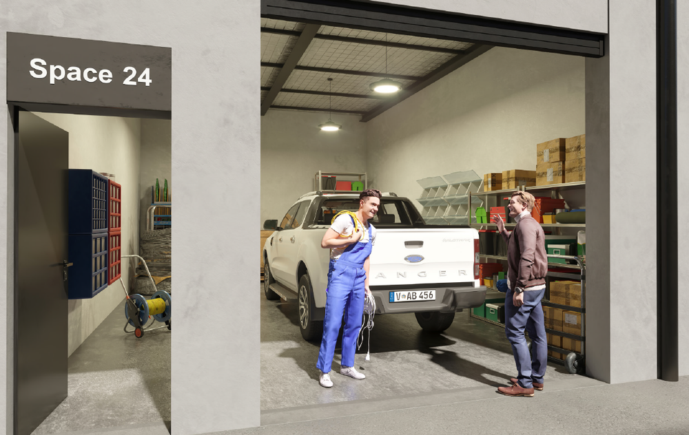 Indicative fit-out of an AlterSpaces Breakwater storage unit for a tradie with vehicle and shelving