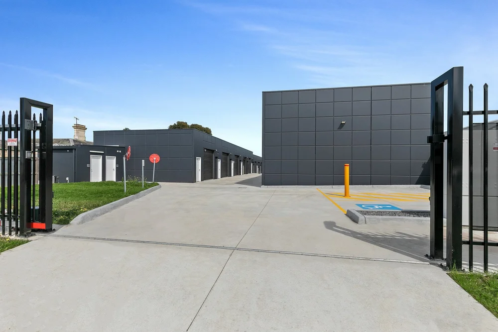 Fob-access security gate and driveway entrance at AlterSpaces Breakwater, Geelong