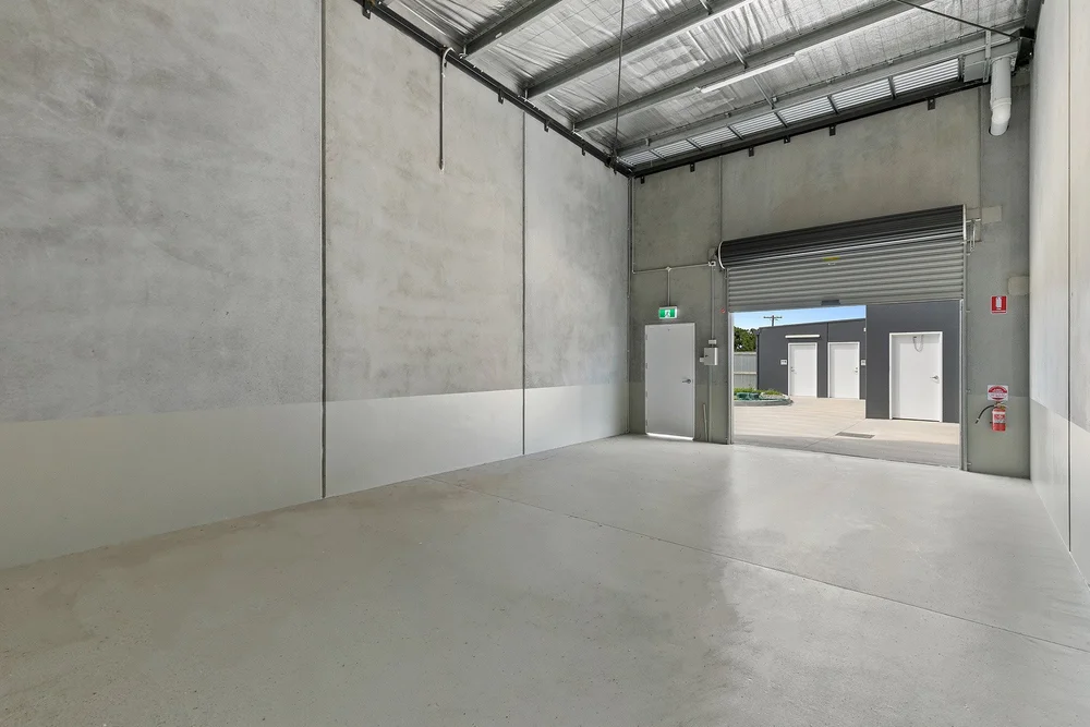 Interior of an empty high-clearance AlterSpaces Breakwater storage warehouse unit